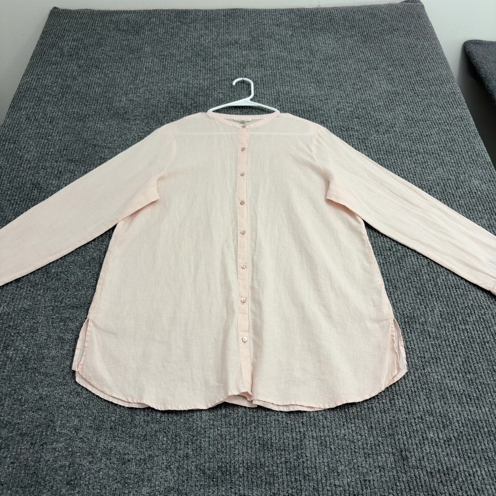 Eileen Fisher Button Down Womens PL Pink Linen Band Collar Minimalist Casual